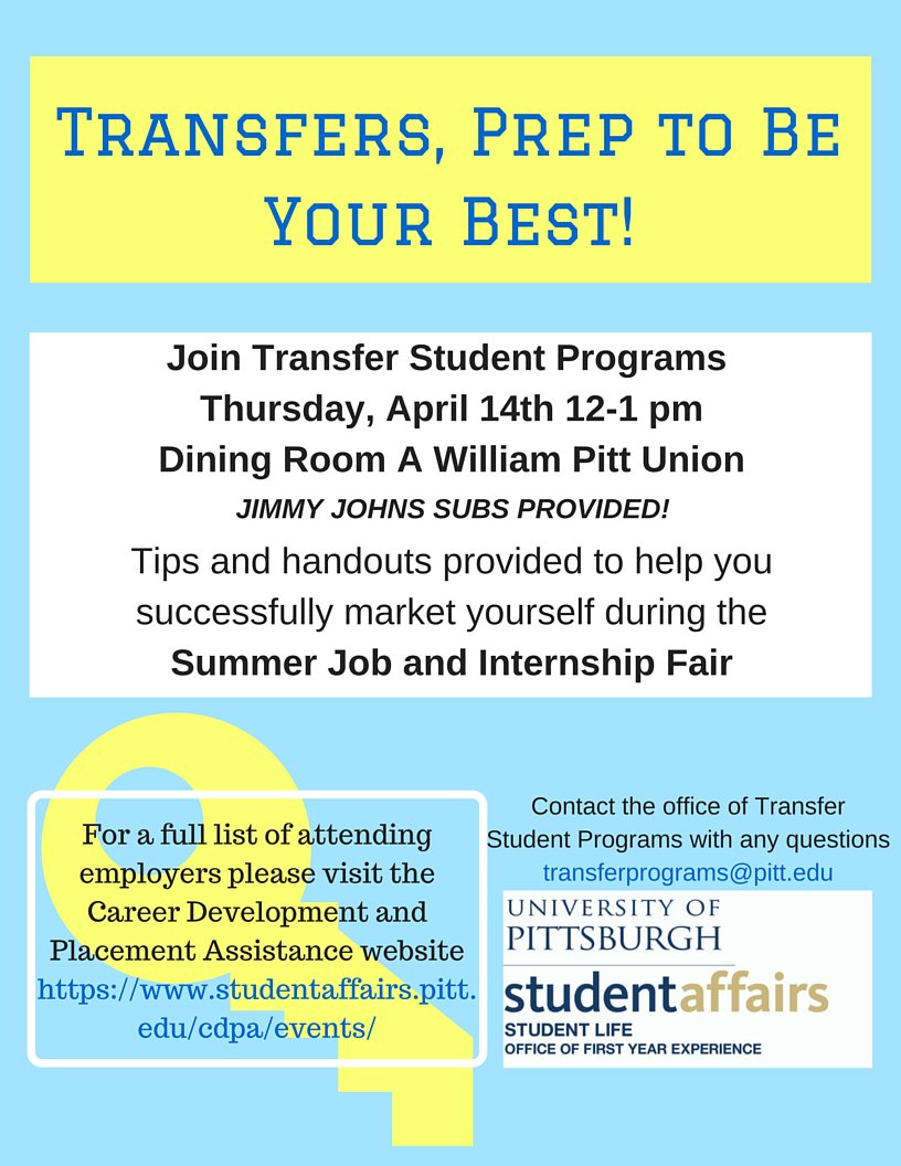 TransferPitt's tweet image. Don't miss out! Transfers, Prep To Be Your Best happening next Thursday, April 14th from 12-1pm in WPU Dining Room A