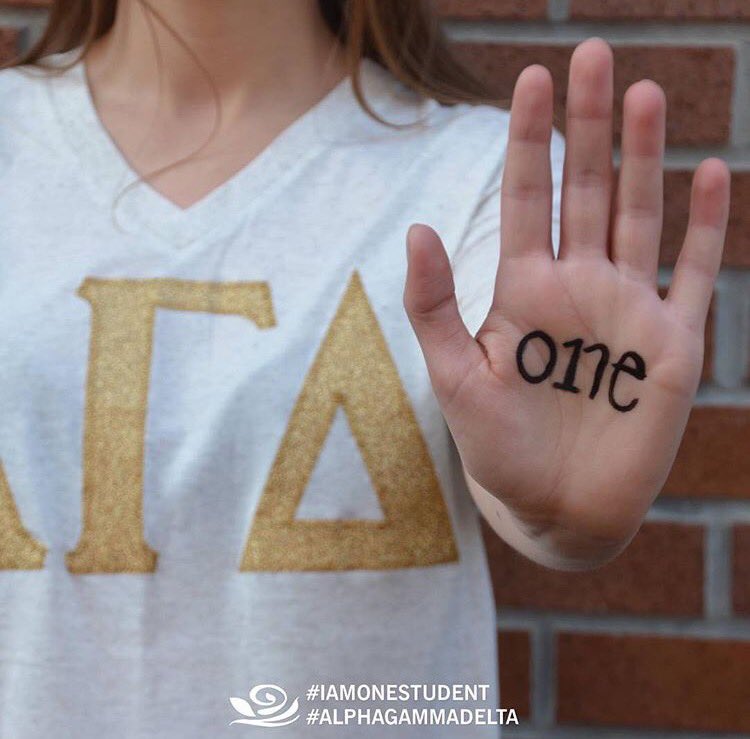 AlphaGamUMN's tweet photo. One sister, One student. It's time we talk about sexual assault. #IAmOneStudent #AlphaGammaDelta #OneSisterAlphaGam https://t.co/2uwKvcBWo9