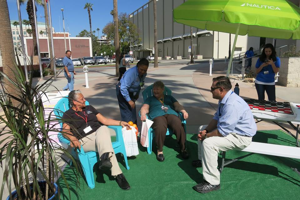 GoHumanSoCal's tweet photo. Celebrate #PublicHealthWeek w #parklets! Placemaking = creating spaces you don't want to leave! Seating/shade/games! https://t.co/oVhSNfnxFG