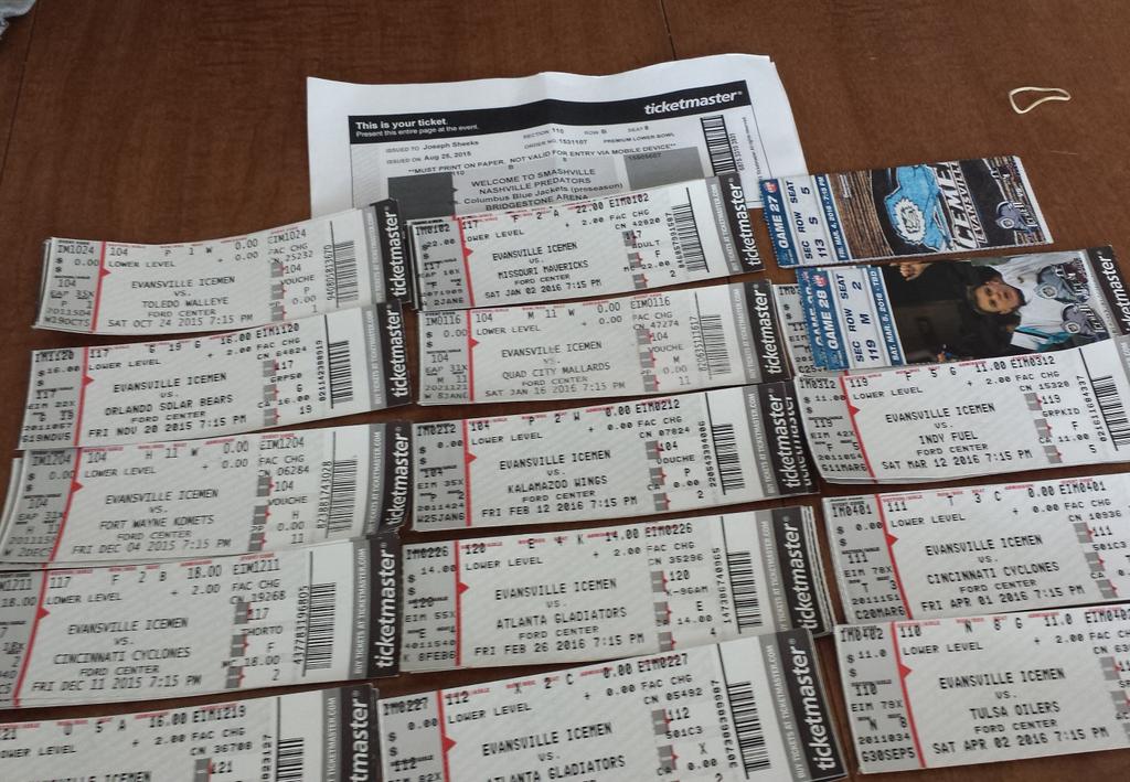 HisMnkyPrincess's tweet photo. Hockey season is over. 😭 15 out of 17 Icemen game tickets and 1 Predators Preseason. @EvvIceMen @PredsNHL https://t.co/4ykMl8CQ2h