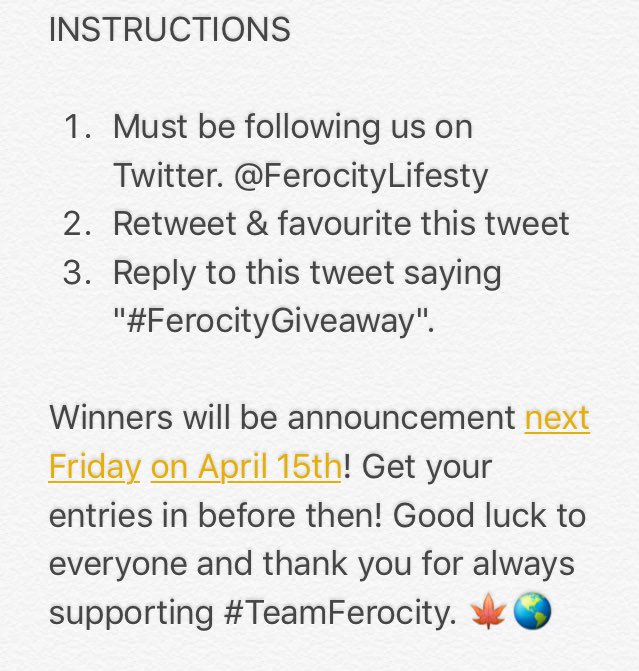 FerocityLifesty's tweet photo. The 3rd Official FerocityGiveaway begins now! Instructions on how to enter are below. Goodluck everyone! 
🍁 https://t.co/MzY11dHbY0