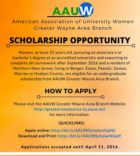 AdvisementWP's tweet photo. We heard of a great scholarship opportunity with @AAUW. Apply online https://t.co/A0Uk9mGEjp before April 11! #WPUNJ https://t.co/fjfM7kmVko