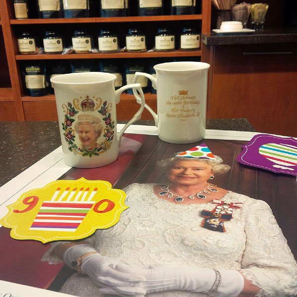 Majesteas's tweet photo. Bone China cups from the UK for The Queen's 90th Birthday have arrived! Get yours today! #Leslieville #HMQueens90th https://t.co/75Fvo4fe5j