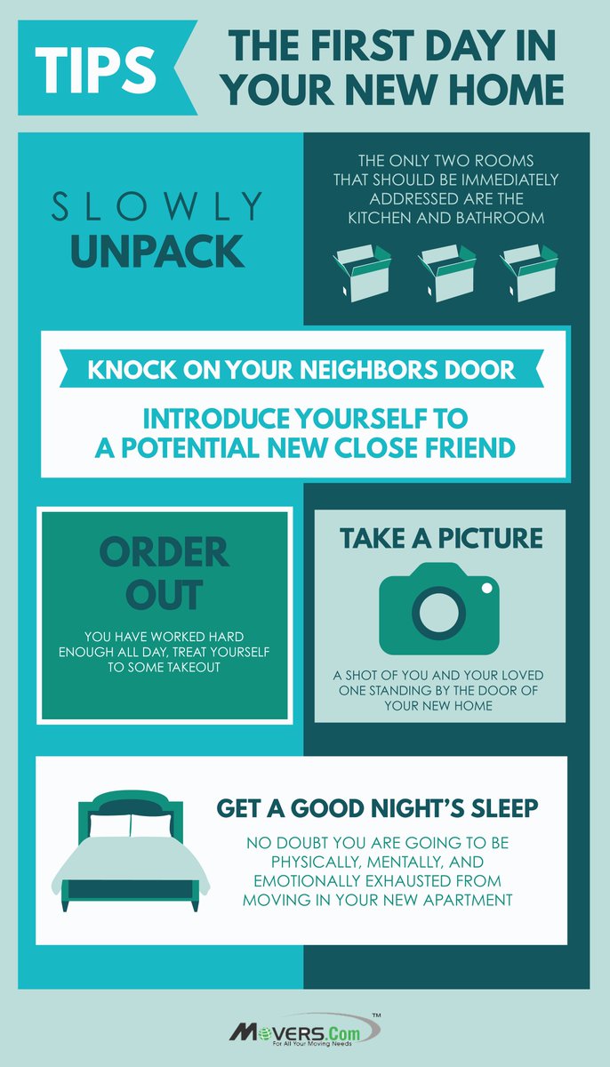 MoversCom's tweet photo. First day in your new home? Stick to these tips! #MovingInfographic https://t.co/VnxtfoYu9U