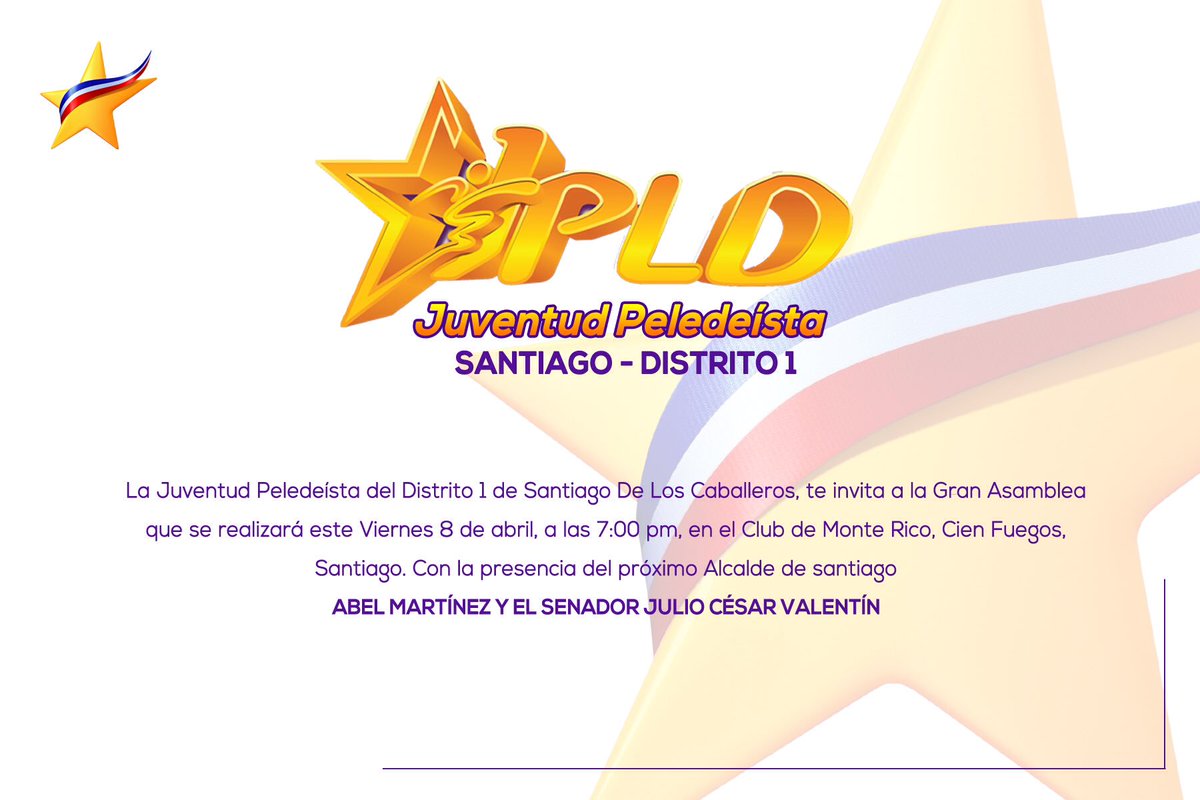 JPLDstgoDist1's tweet photo. Invitamos a la Gran Asamblea de la JpldD1 en Stgo. en apoyo a nuestros candidatos @AbelMartinezD  y @JCesarValentin https://t.co/BC8SQvf5vE