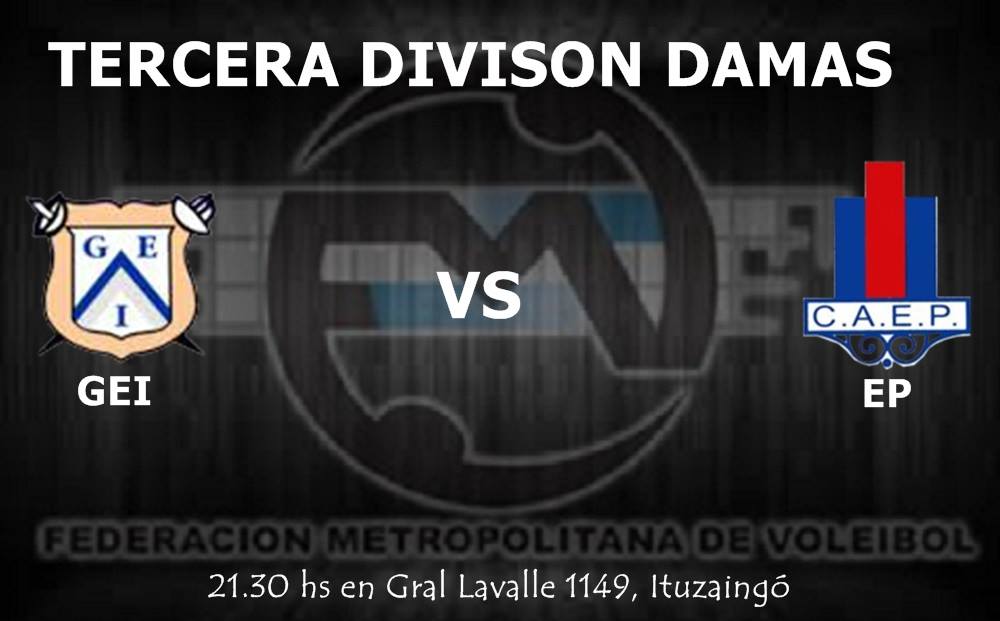 TERCERA DIVISIÓN DAMAS

Hoy desde las 21.30 por la 3° Fecha <a href="/Gei_Voley/">Gei Voley</a> recibe a Estudiantil Porteño #VoleyMetro