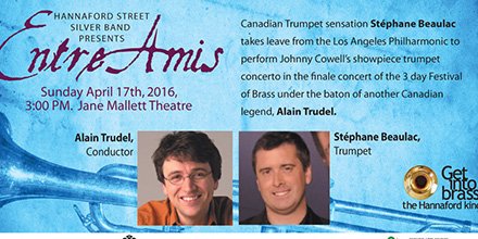 hannafordband's tweet photo. Sunday, April 17 at 3 @StLawrenceCtrTo #FofB2016 #alaintrudel #StephaneBeaulac #worldpremiere from #kevinlau #brass https://t.co/KrddXZCKPs