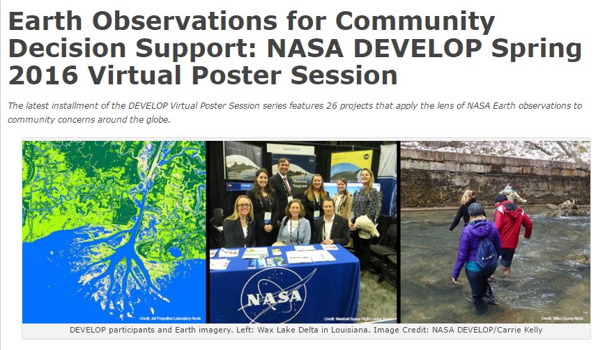 earthzine's tweet photo. New: @NASA_DEVELOP Spring '16 Virtual Poster Session https://t.co/pme0I2Z91N https://t.co/e2m1LJkVsB