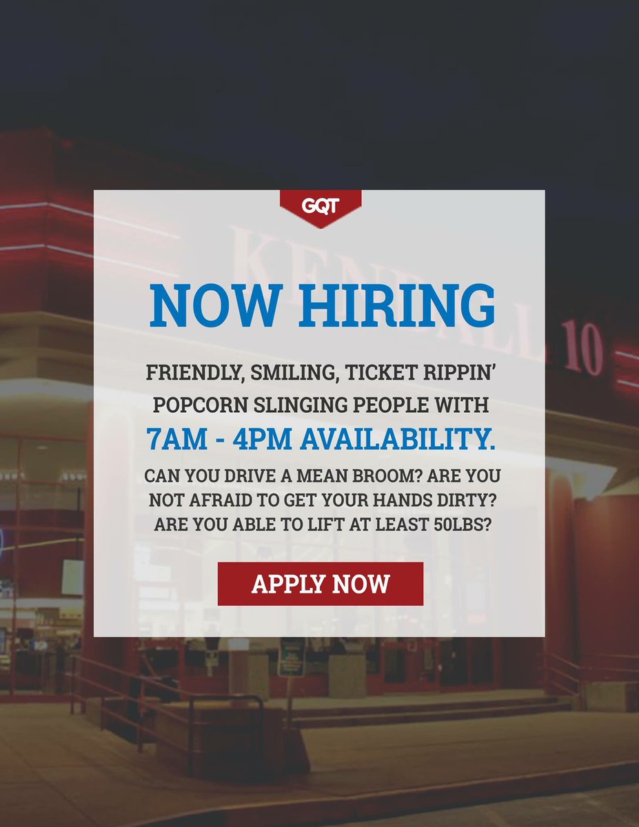GoodrichKendall's tweet photo. Want to join our team? Come stop by the theater or apply online at https://t.co/M6Pz2v7LNd https://t.co/IUehsqjIEq