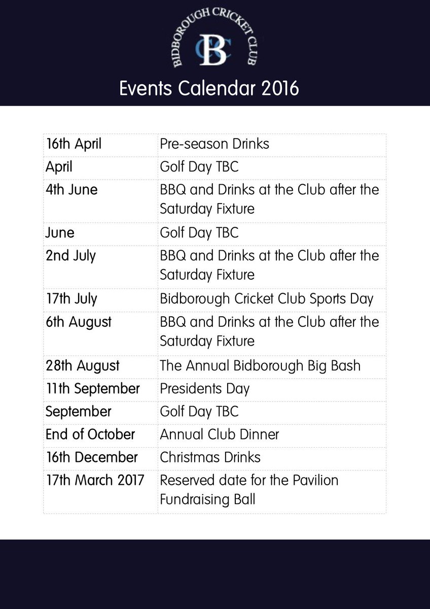 BCC Events Calendar for 2016 #socialcricket #clubevents #fundraisingstrategy