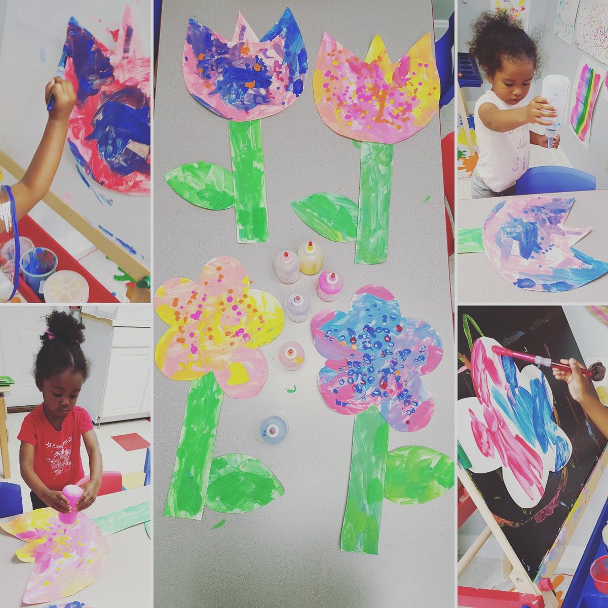 tweet_CKC's tweet photo. My lil' artists painted, splattered and squirted these Giant Flowers. #ckckids #gastoniachildcarecenter #gastonia https://t.co/KGdCbTEeo5