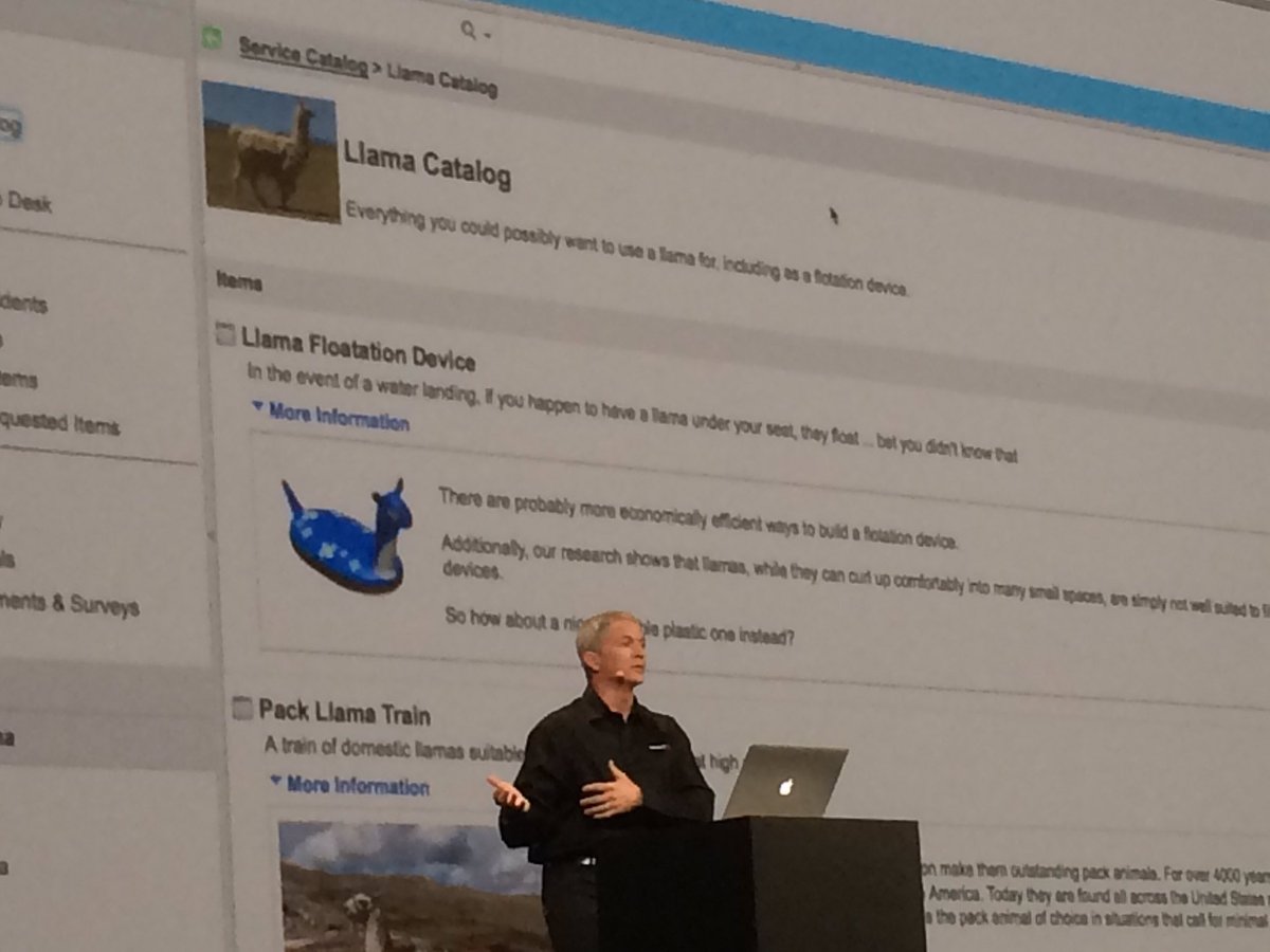 DavLegrand's tweet photo. @NOWCommunity @fred_luddy and the Llama Catalog of course 😂😂 #Know14 https://t.co/jKDQsD33or