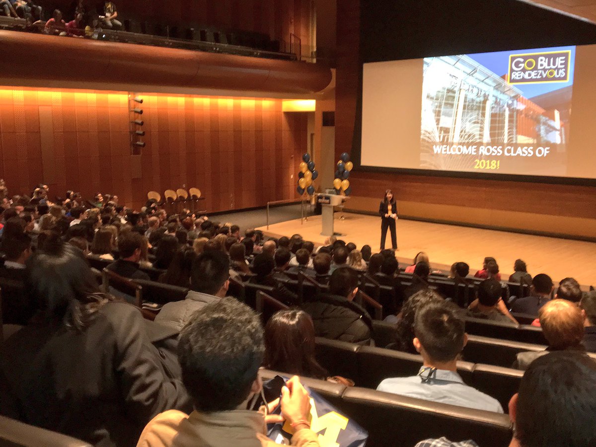 MichiganRoss's tweet photo. Happening now: Admissions Director Soojin Kwon welcomes the Ross MBA Class of 2018 during #RossGBR! #goblue https://t.co/PwI30IajTo
