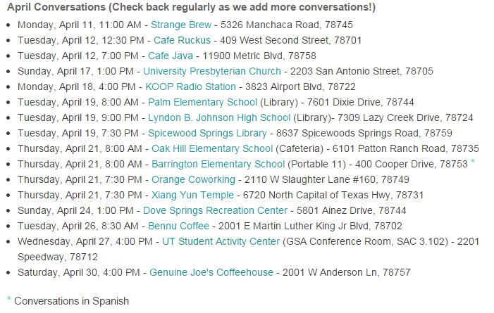 atxtalks's tweet photo. Excited to announce that the topic for April conversations will be #MobilityATX. Here are the dates and locations. https://t.co/tRVILWht8V