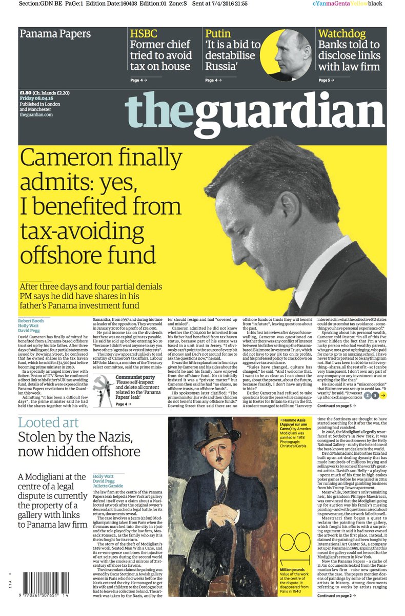 guardiannews's tweet photo. The Guardian front page, Friday 08.04.16: Cameron finally admits: yes, I benefited from tax-avoiding offshore fund https://t.co/qqyEeihoRR