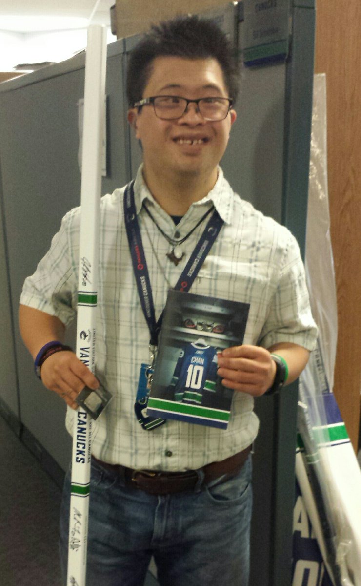 Canucksforkids's tweet photo. Nick Chan, a recent Special Olympics gold medalist, is celebrating his 10yr work anniversary at the #Canucks office! https://t.co/iU7E4RPOeu