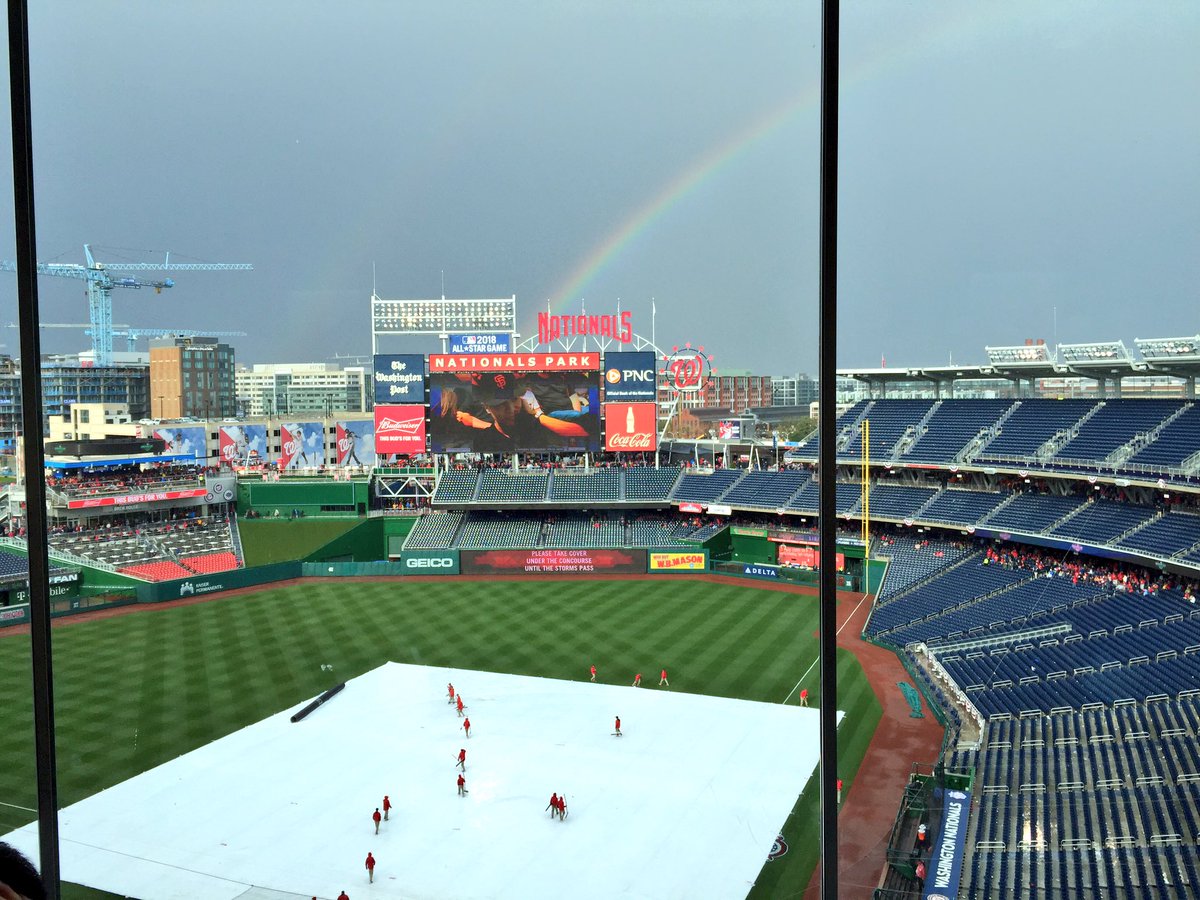 SHFWire's tweet photo. Rainbow here over @Nationals Park, signaling an end to the rain delay. ⚾️ https://t.co/TqmDcyH18b