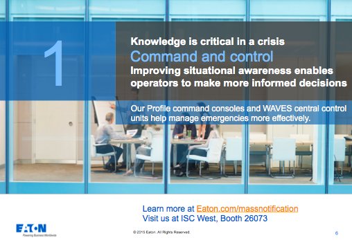 ETN_Electrical's tweet image. Key trends for #massnotification systems: #1. Command and control
ow.ly/10pZKF #ISCWest #safety