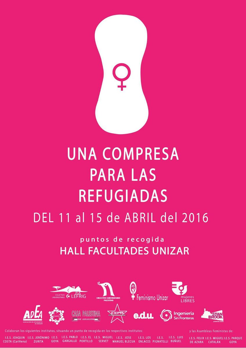 delegacionFCS's tweet photo. Recogida de compresas para las refugiadas en las facultades de @unizar #refugeeswelcome https://t.co/LxeNHzb0l8