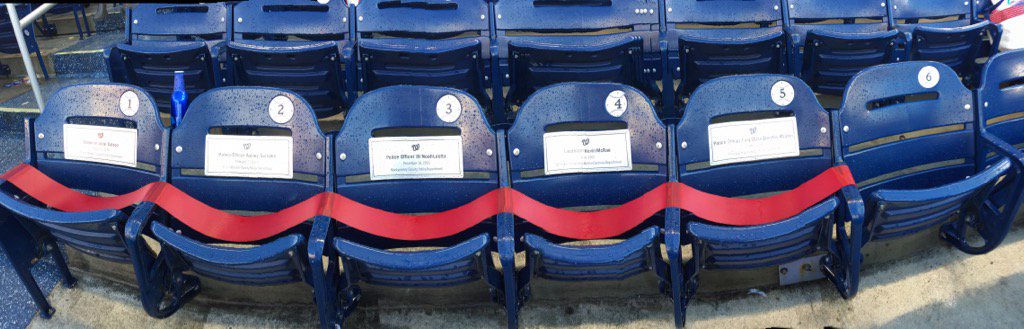 WWonka13's tweet photo. @Nationals classy memorial to PG officers end of tour in section 130 #NatsOpeningDay thin blue line of seats https://t.co/5gtLo6Nmdy