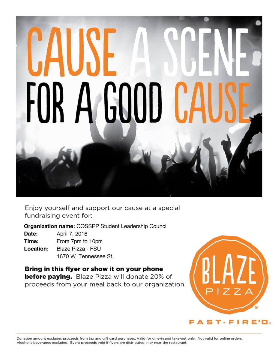 FSUCOSSSLC's tweet image. Join us tonight from 7-10 at Blaze Pizza on Tennessee! 20% of proceeds go to Relay for Life. Support a great cause!