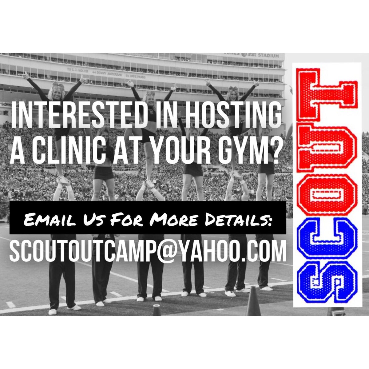 ScoutOutCamp's tweet photo. Who wants @ScoutOutCamp to come to their all star gym this summer?! #scoutoutcamp #cheerleading https://t.co/y8F7Lxrnic