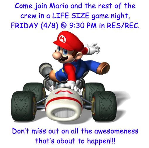 The Wait is over. Life Sized Game Night! Friday 9 p.m. Res/Rec