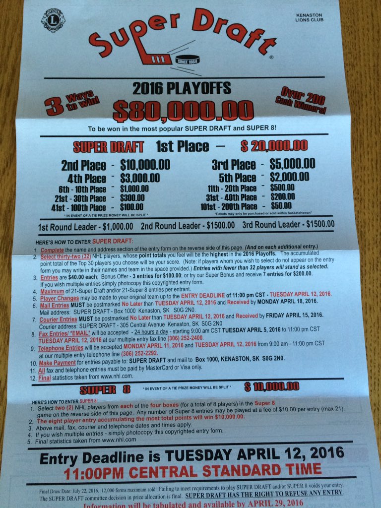 Don't forget to fill out your 2016 Kenaston Super Draft playoff entries! Deadline is April 12, 11pm. 20K grand prize