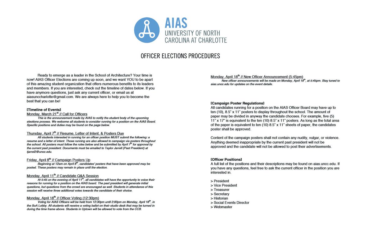 AIASUNCC's tweet photo. Interested in being an AIAS Officer next year? Resumes, letters of intent, and posters are due TONIGHT at midnight! https://t.co/C5VprIXgwL