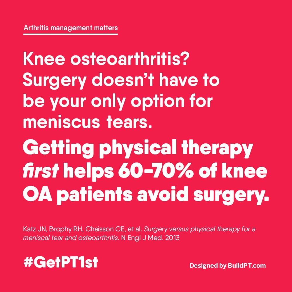 GetPT1st's tweet image. Do you have #arthritis or meniscus tears? A physical therapist may be able to help you avoid surgery. #GetPT1st