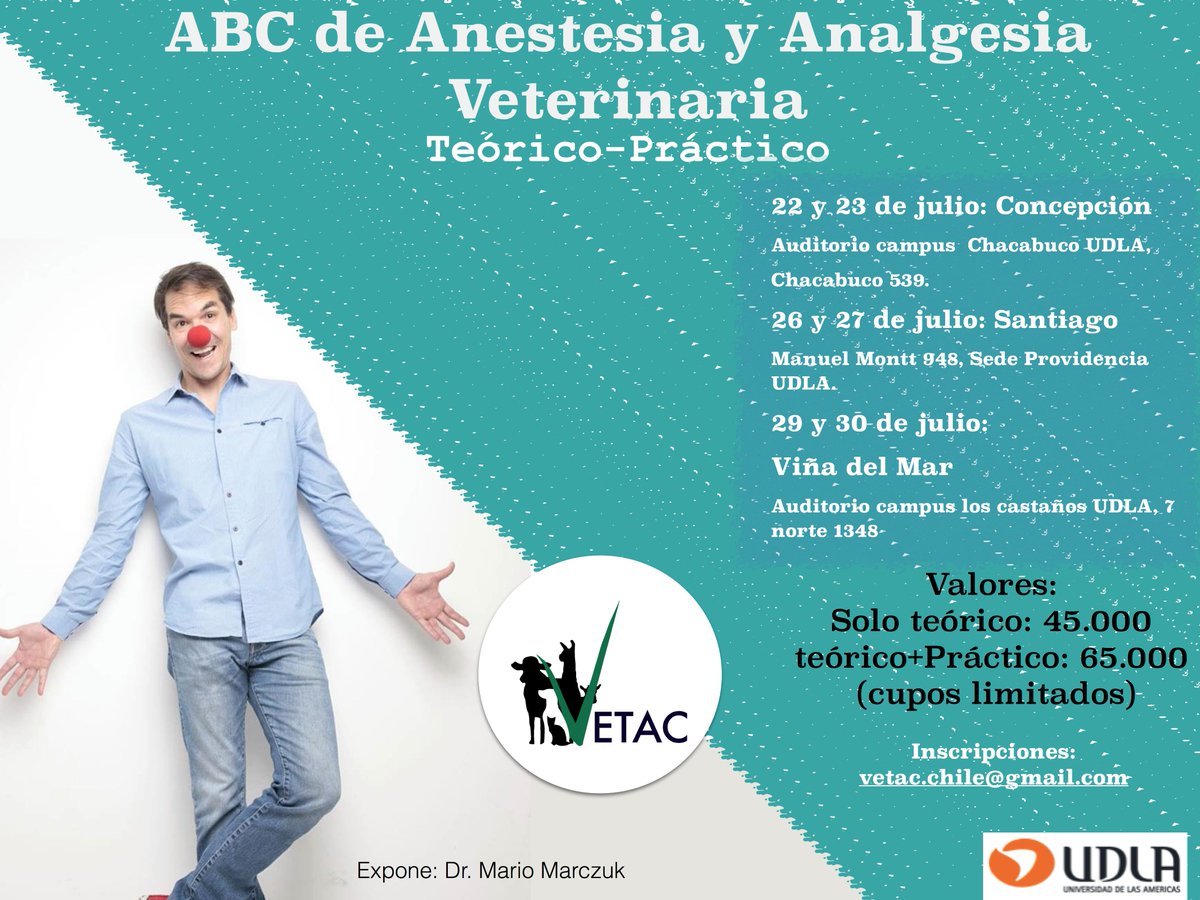 VETACChile's tweet photo. Amigos(as) médicos veterinarios y #estudiantes de #Concepción #VinadelMar #Santiago  ABC anestesia y analgesia vet https://t.co/aCACX97lpU