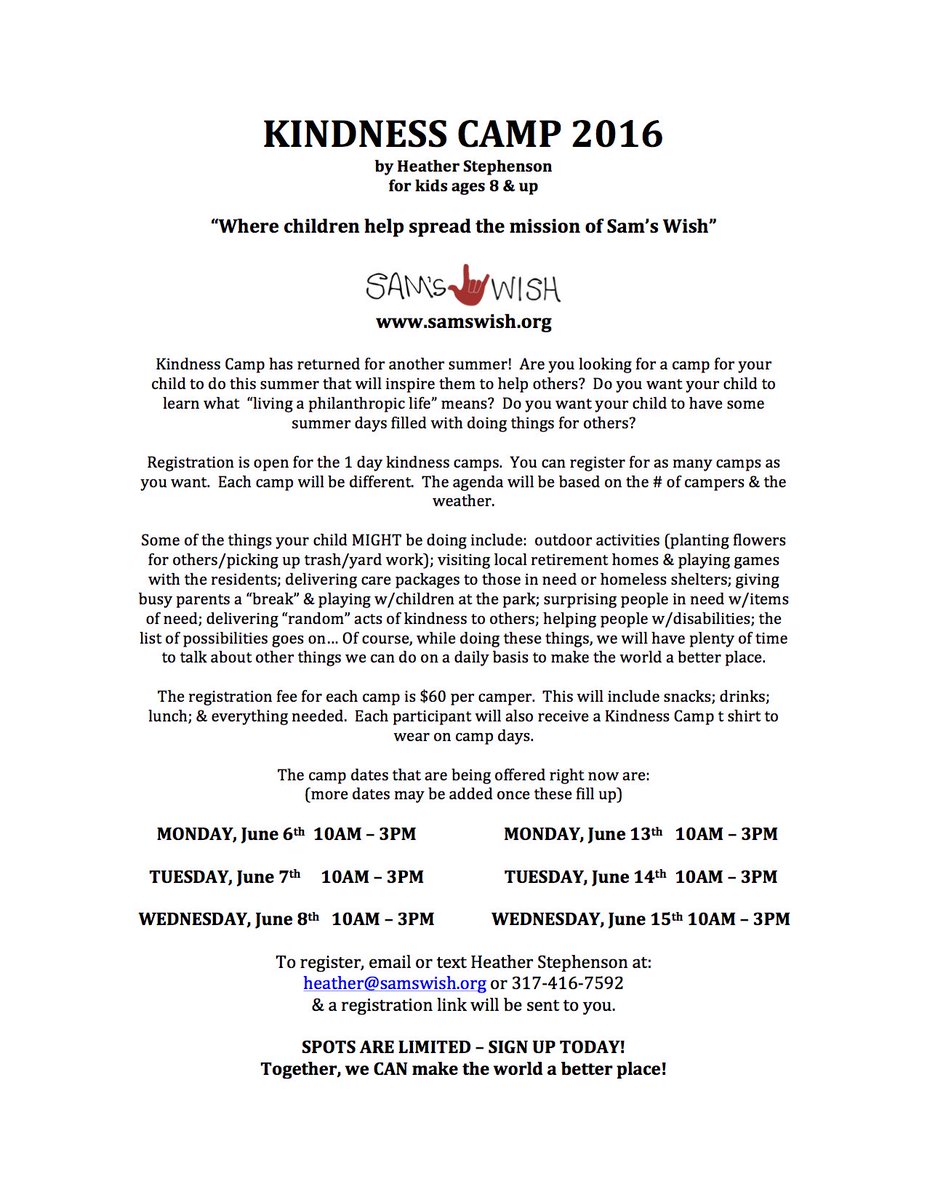 sams_wish's tweet photo. Kindness Camp 2016 - sign up now, before it is full.  It WILL be the best ever!  @sams_wish https://t.co/kcmI3EGs38
