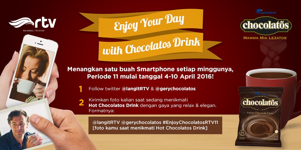 langitRTV's tweet photo. Mumpung masih siang! Jangan lupa ikutan kuis berhadiah SMARTPHONE ya! @gerychocolatos #EnjoyChocolatosRTV11 https://t.co/zS1S4nnU7j