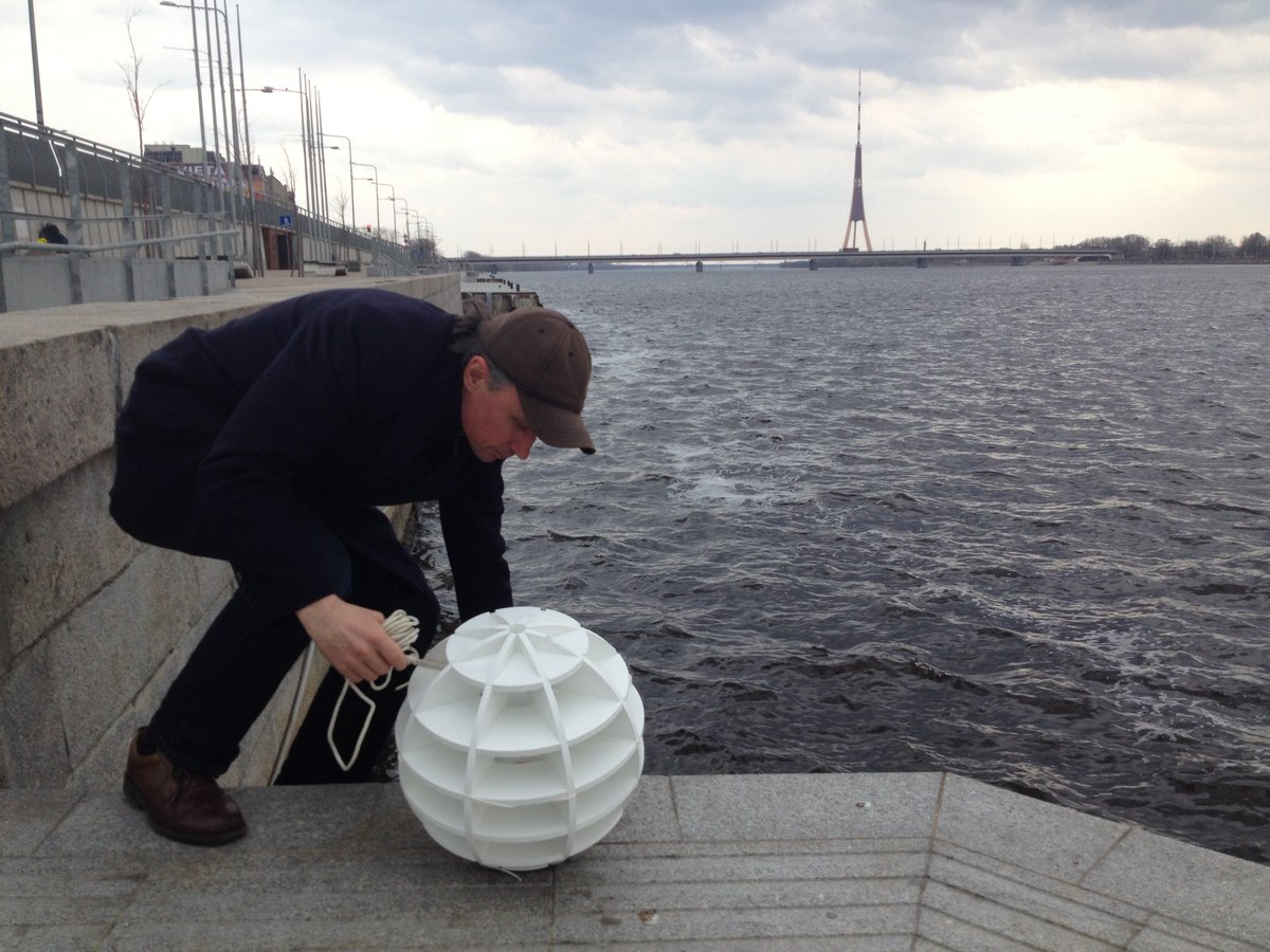 rasasmite's tweet photo. we are testing a floating sphere for Pond Radio installation -- and it works! it does float :) https://t.co/bwvxC7Lih4