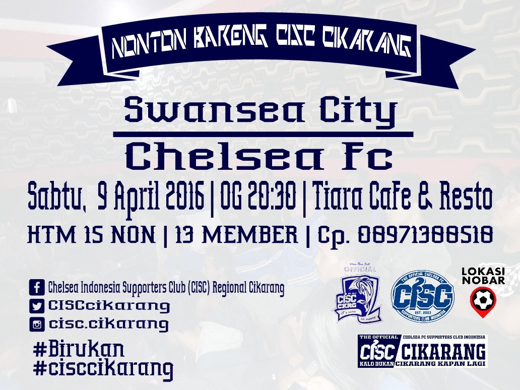 CISCcikarang's tweet photo. #Nobar #CISCckr
Sabtu, 9 April 2016
Swansea vs Chelsea
OG 20:30
Tiara Cafe & Resto
Cp.08971388518
#Birukan https://t.co/Cbjtr87uxH