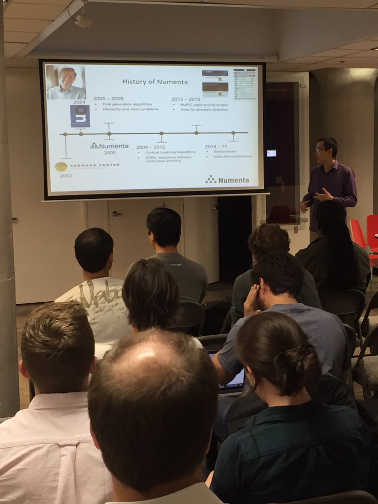Numenta's tweet photo. Live at the meetup, starting with a little Numenta history #machineintelligence https://t.co/N9ShcM6Ohm