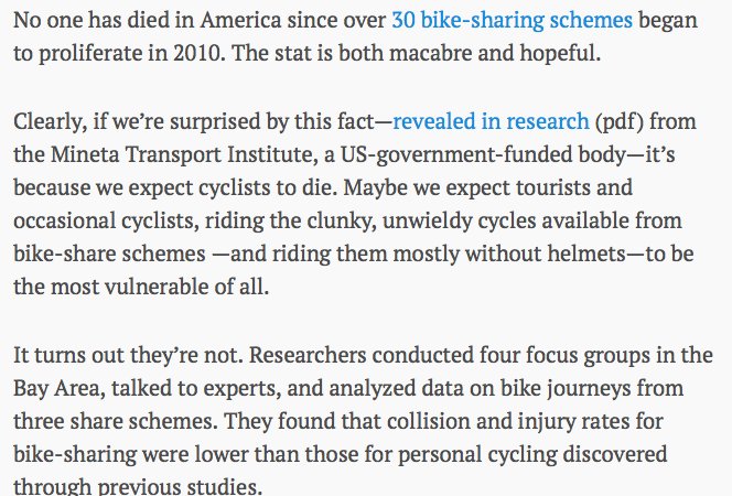 SusanShaheen1's tweet image. Not a single person has died using a bikesharing in the US; qz.com/655927 #dmo2015 #ce256 #sharedmobility