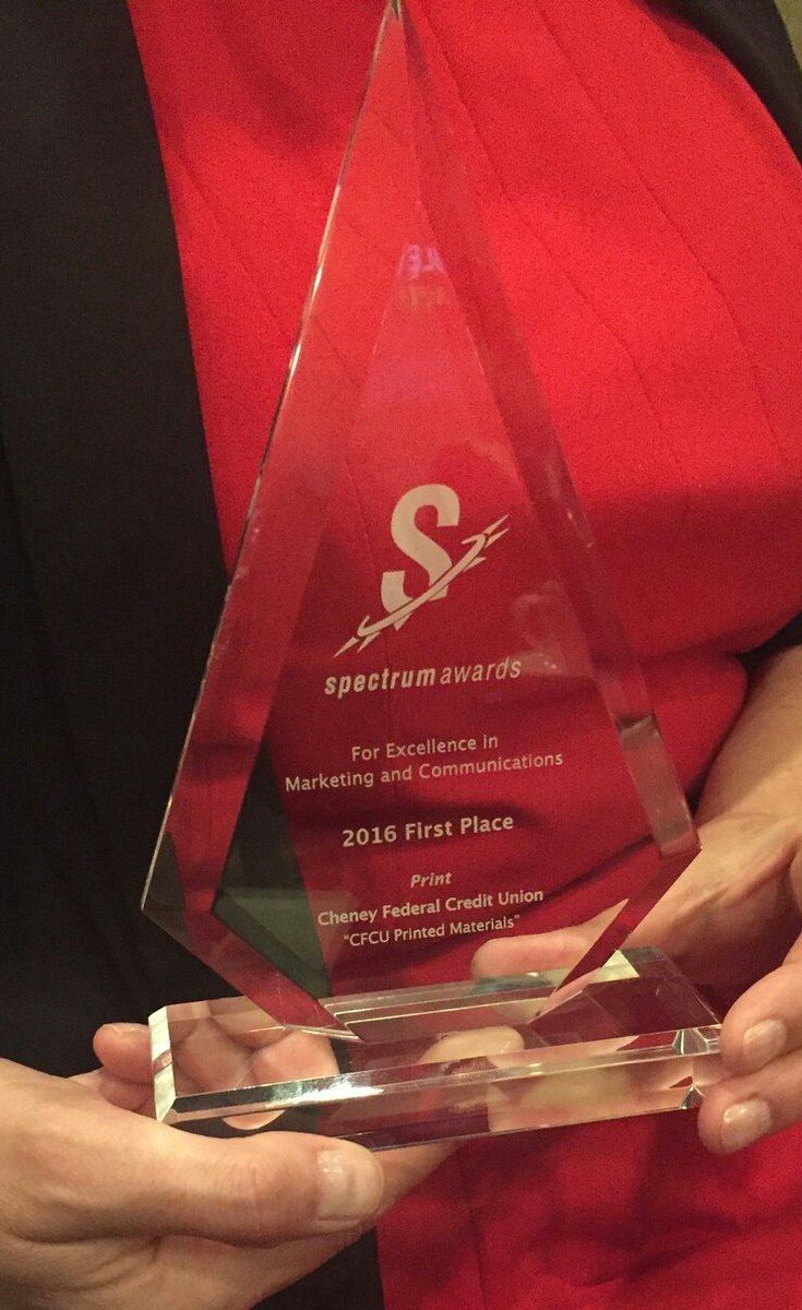 CheneyFCU's tweet photo. CFCU 1st place in Print category! Whoot! Thanks! #spectrumwinner @NWCUA #spectrummarketingawards https://t.co/Zm8UoMVjB5