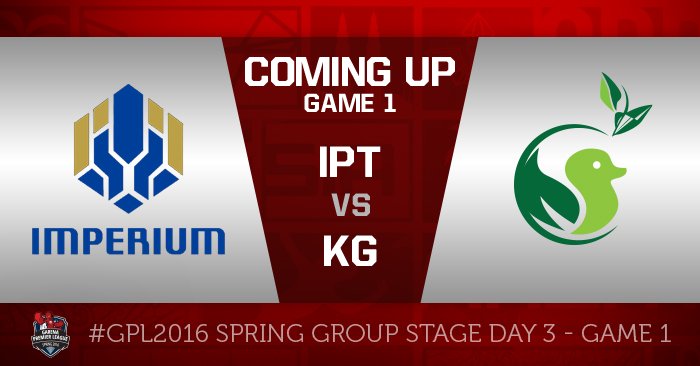 lolsgmy's tweet photo. First game for Day 3 would be IPT vs KG. Watch it here: https://t.co/O7v6Xz6biV
#IPTWIN #KGWIN #GPL2016 https://t.co/cvb1KYora7