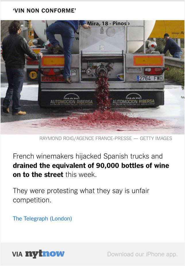 strokevolpi's tweet photo. French Winemakers Hijack Spanish Trucks, Dump Their Wine – via @NYTNow
Noooooooooo!!!!!! https://t.co/keoHdBWjMH https://t.co/Ti3C6AGjnF