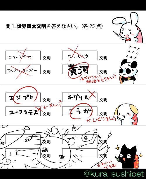 うーん!
抜き打ちで出題されると解んないもんだねえ。
自信満々なのはぐんかんにゃんこだけかあ～。 