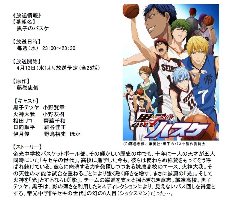 チバテレ 公式 大人気アニメ 黒子のバスケ 4 13 水 放送開始 放送日時 毎週水曜 23 00 23 30 T Co Jmydce0wj0 チバテレ アニメ 黒子のバスケ T Co T6kfsjcdet