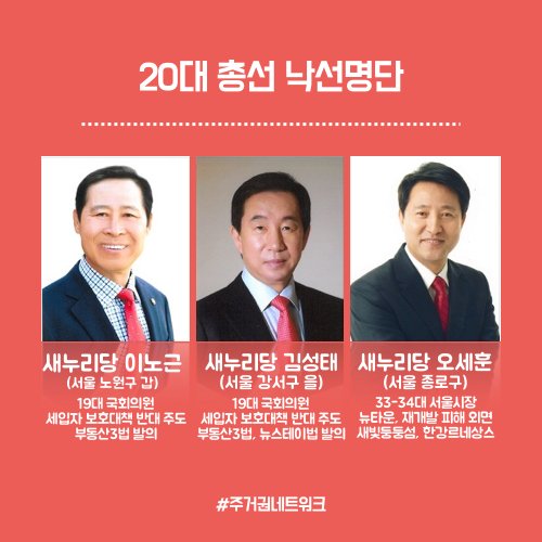 peoplepower21's tweet photo. 주거권네트워크에서는 20대 #총선 #낙선 대상자로 새누리당 #김성태 #이노근 #오세훈 후보 선정했습니다.서울을 전월세 지옥과 부동산 투기장 으로 만든 인물들은 심판받아야 합니다. #서민코스프레_용서못해 https://t.co/iKfW5ZoFV2