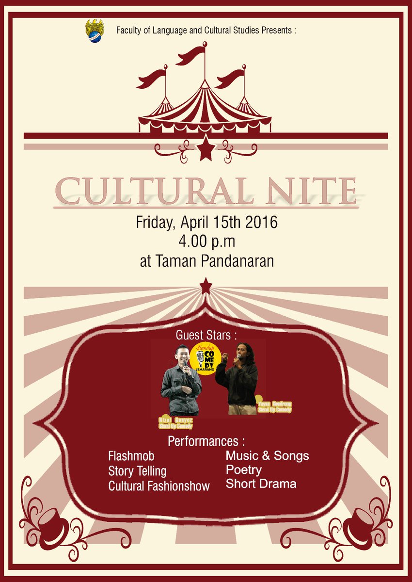 Let's join us. Cultural Nite, presented by FBIB Unisbank Semarang. At Taman Pandanaran, Friday, 15th April 2016.