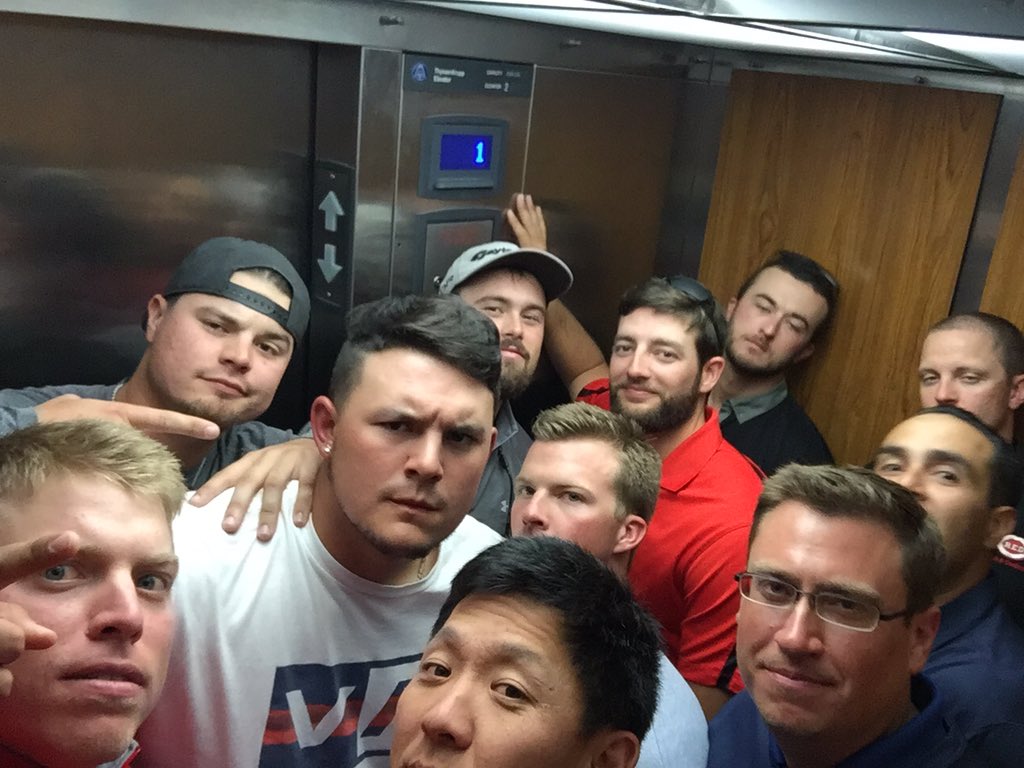 TommyThrall's tweet photo. This is what 11 Blue Wahoos stuck on an elevator looks like. We got out after about 45 mins. https://t.co/nVYBalVFRP
