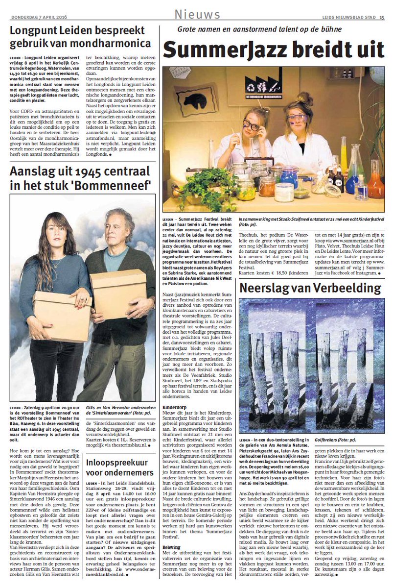 Vandaag een prachtig artikel in het Leids Nieuwsblad over <a href="/StudioStuifmeel/">Studio Stuifmeel</a> en <a href="/SummerJazzNL/">SummerJazz Festival</a> #educatie #kids #cultuur