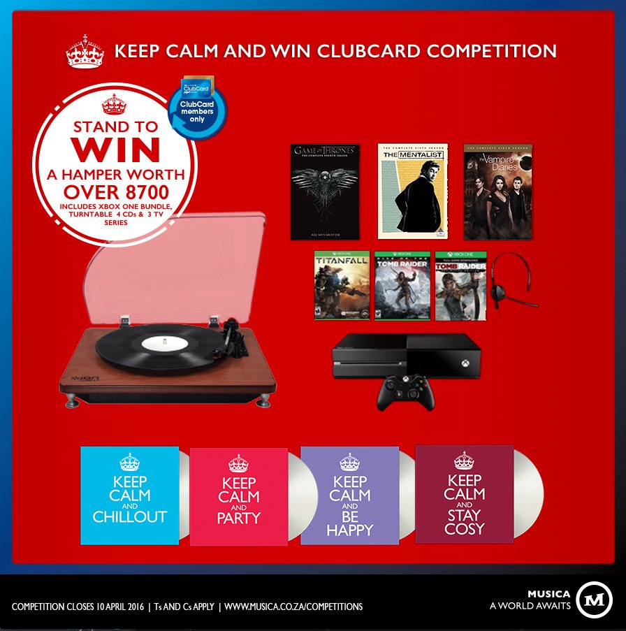 Clicks_SA's tweet photo. Enter @MUSICA_AFRICA's #KeepCalmAndWin competition and you could WIN a hamper worth R8700! >https://t.co/uqicdcVhvH https://t.co/4jsKYVI9SV
