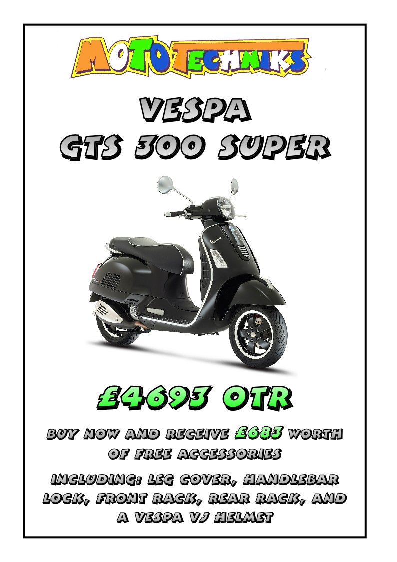 Mototechniks's tweet photo. £683.00 worth of Vespa accessories absolutely FREE when you buy this 2016 Black Vespa GTS300 Super ABS ASR :) https://t.co/ZfQChA10e9