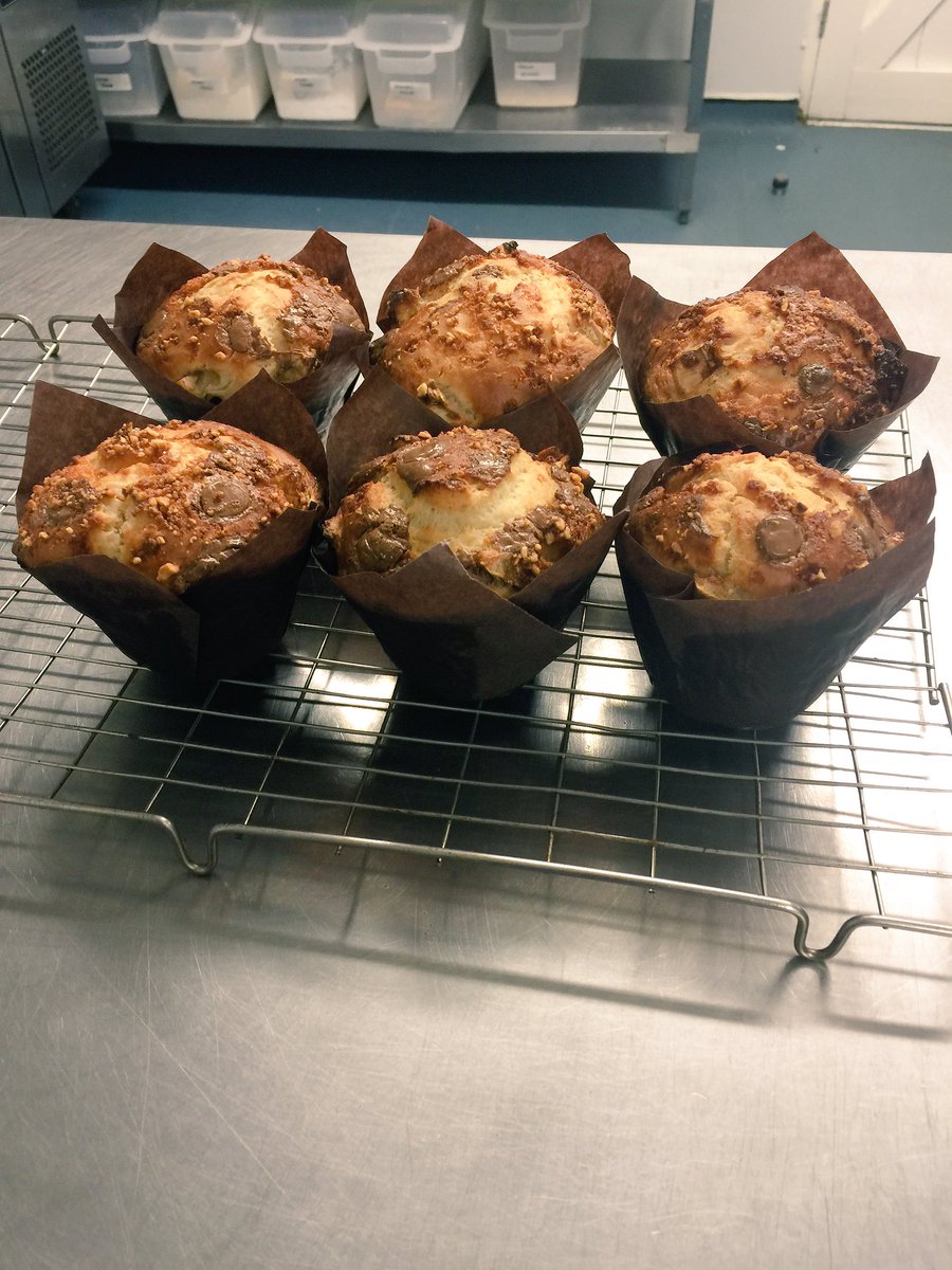 Freshly baked this morning for the bar at Hell Bay Peanut butter, banana and milk chocolate muffins  😀