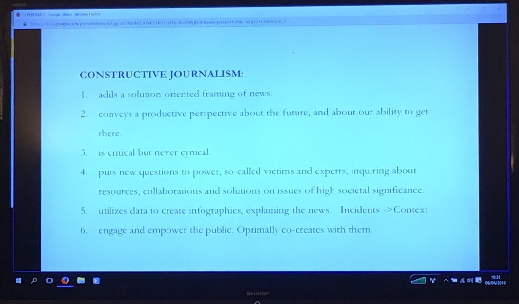 Definition of #constructivejournalism presented by Catherine Gyldensted. "Solution" is the focus #ijf16